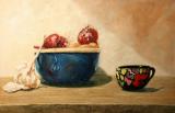 Stillleben mit Schale, Knobi und Tasse